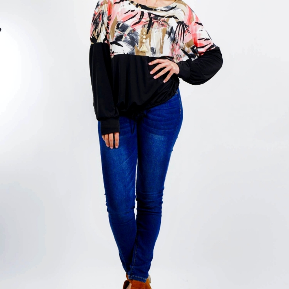Print color block drawstring blouse